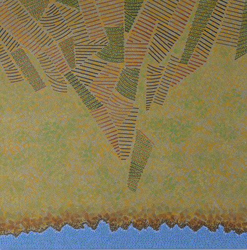 Feixes i llaques, 60x60, acrylique sur fond ensablé, 2015